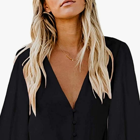 Women's Button Down V-neck Tie Front Knot Chiffon Blouse - Picture 5 of 5